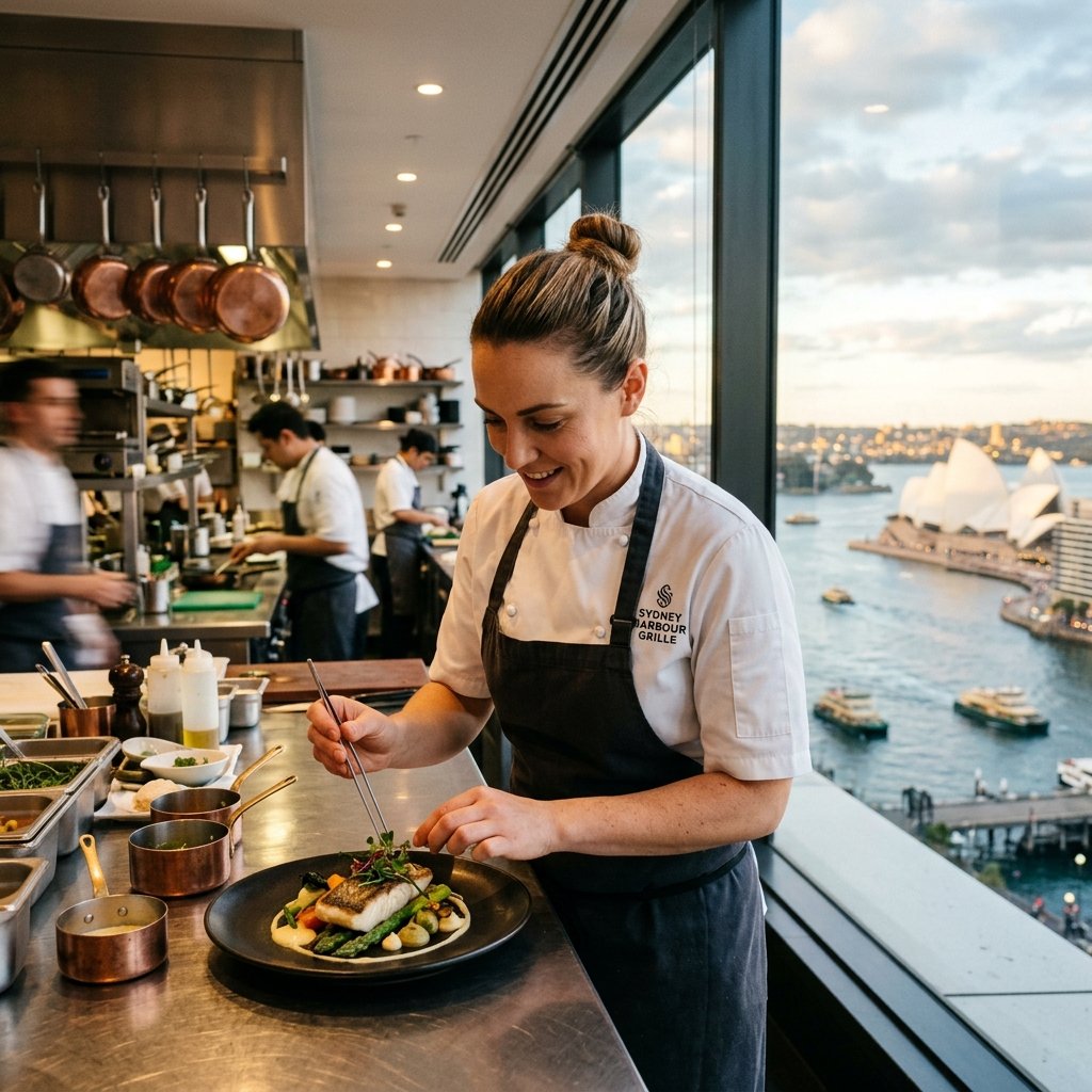 Chef plating fine cuisine overlooking Sydney Harbour